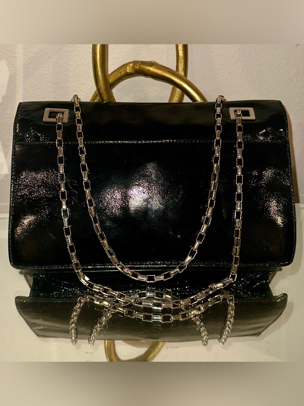 Michael Kors Collection Black Patent Shoulder Bag with Silver Chain Strap